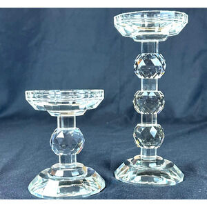 Gemstone Cut Crystal Glass Prism Pillar Candlestick Holders-Stunning- SET of 2